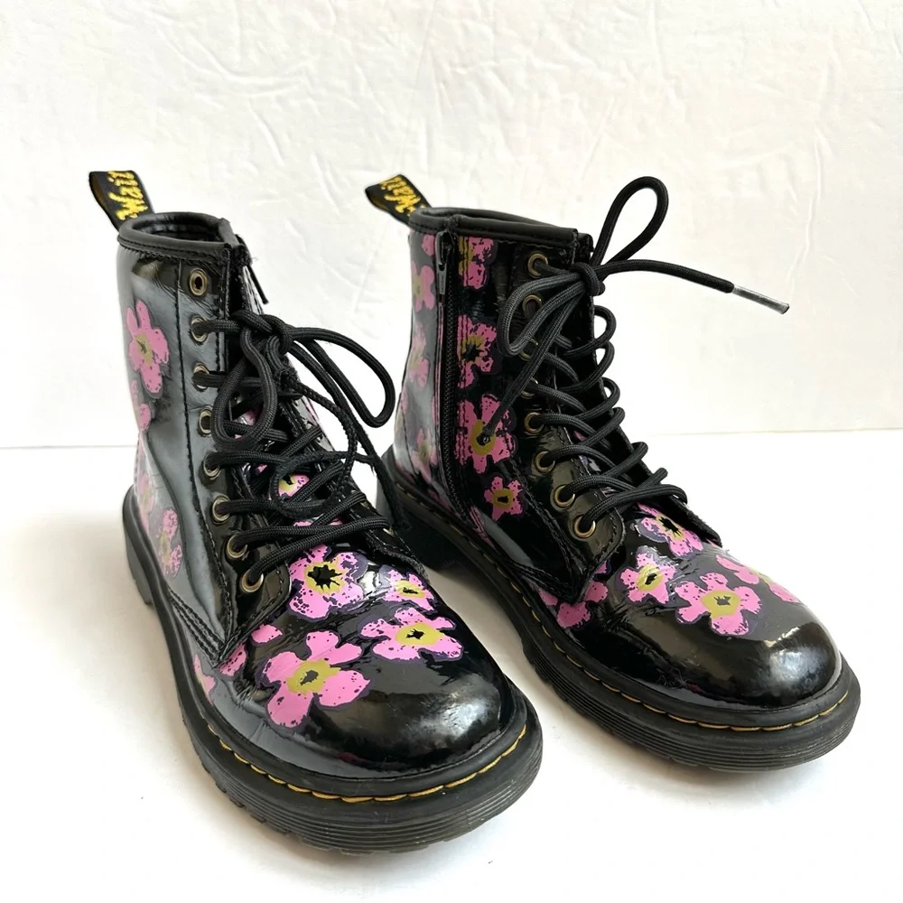 Dr. Martens Girls’ Black and Pink Floral Combat Boots Side Zip 2